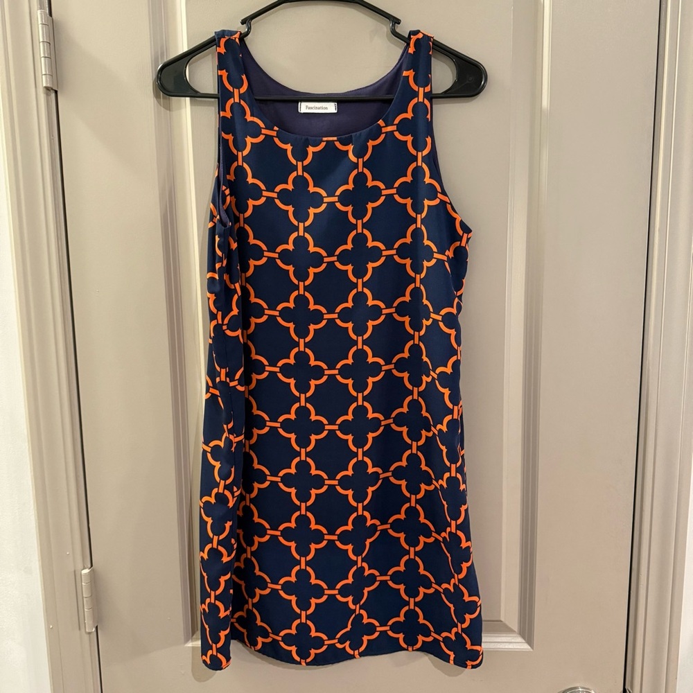 Elegant Geometric Navy and Orange Mini Dress